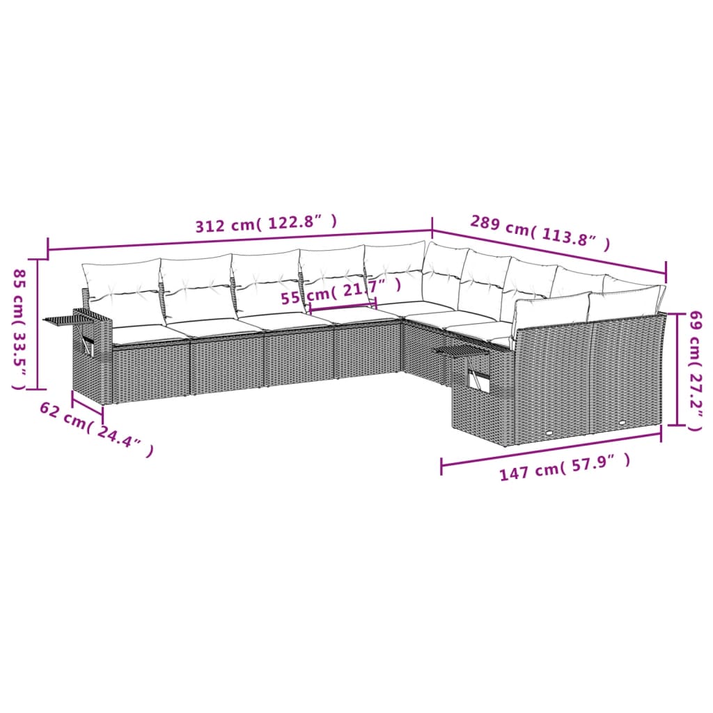 vidaXL 10-tlg. Garten-Sofagarnitur mit Kissen Schwarz Poly Rattan