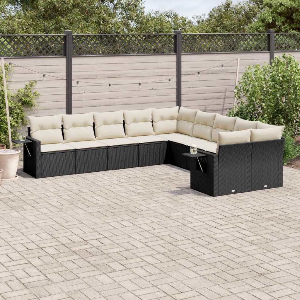 vidaXL 10-tlg. Garten-Sofagarnitur mit Kissen Schwarz Poly Rattan