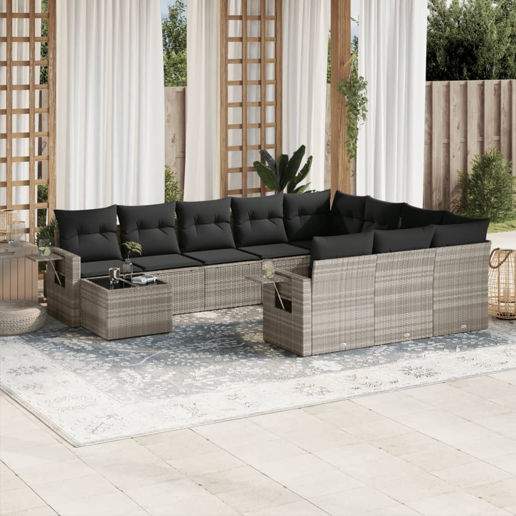 vidaXL 11-tlg. Garten-Sofagarnitur mit Kissen Hellgrau Poly Rattan