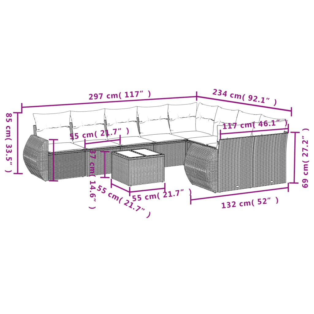 vidaXL 10-tlg. Garten-Sofagarnitur mit Kissen Hellgrau Poly Rattan