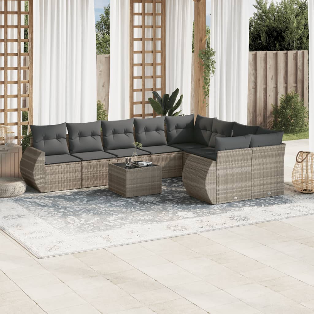 vidaXL 10-tlg. Garten-Sofagarnitur mit Kissen Hellgrau Poly Rattan