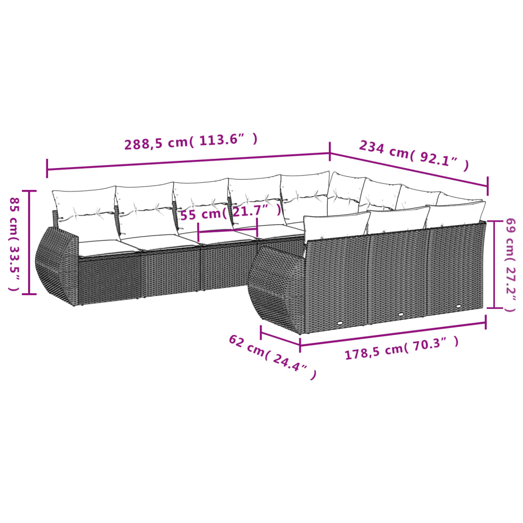 10-tlg. Garten-Sofagarnitur mit Kissen Grau Poly Rattan Stilecasa