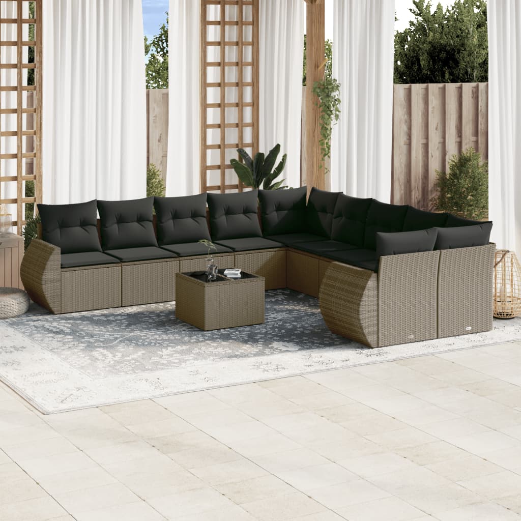 vidaXL 11-tlg. Garten-Sofagarnitur mit Kissen Hellgrau Poly Rattan