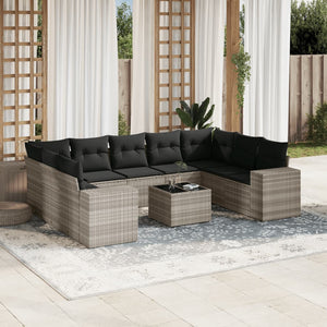 vidaXL 10-tlg. Garten-Sofagarnitur mit Kissen Hellgrau Poly Rattan