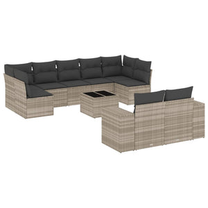 vidaXL 10-tlg. Garten-Sofagarnitur mit Kissen Hellgrau Poly Rattan