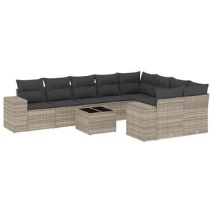 vidaXL 10-tlg. Garten-Sofagarnitur mit Kissen Hellgrau Poly Rattan