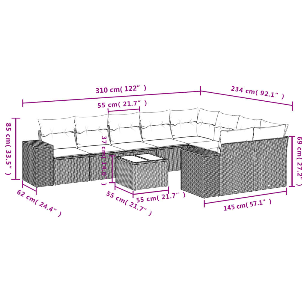 vidaXL 10-tlg. Garten-Sofagarnitur mit Kissen Hellgrau Poly Rattan