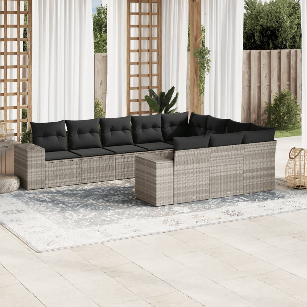 vidaXL 10-tlg. Garten-Sofagarnitur mit Kissen Hellgrau Poly Rattan