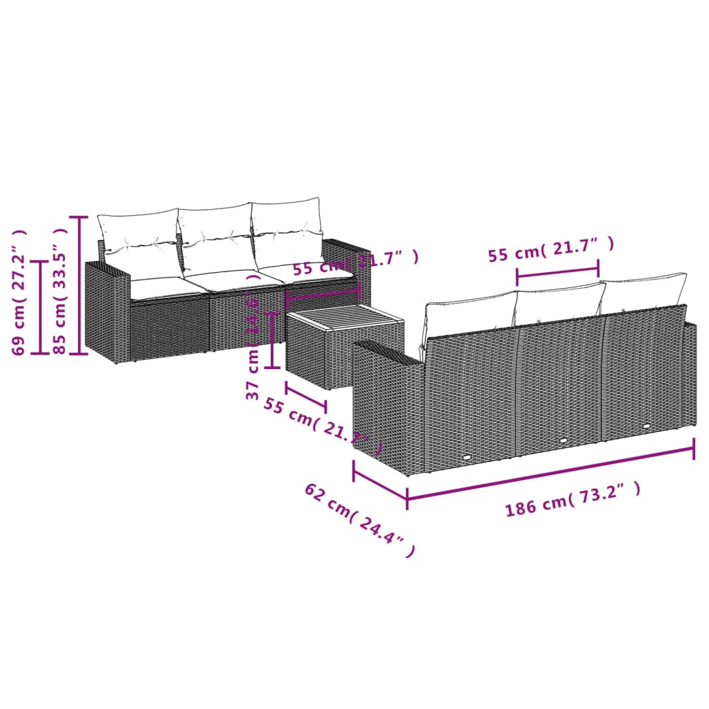 vidaXL 7-tlg. Garten-Sofagarnitur mit Kissen Beige Poly Rattan