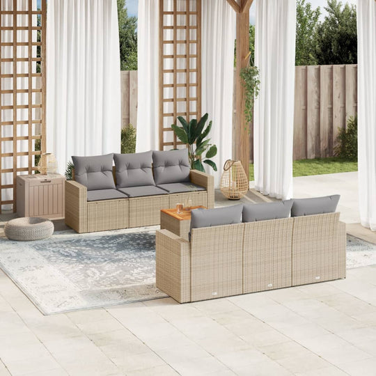 vidaXL 7-tlg. Garten-Sofagarnitur mit Kissen Beige Poly Rattan