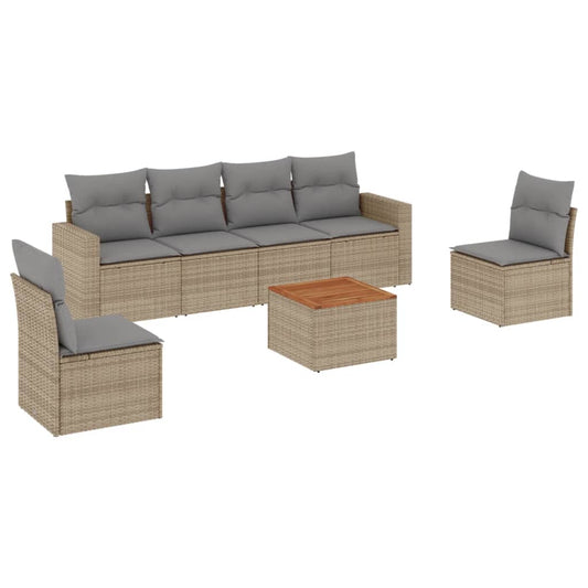 vidaXL 7-tlg. Garten-Sofagarnitur mit Kissen Beige Poly Rattan