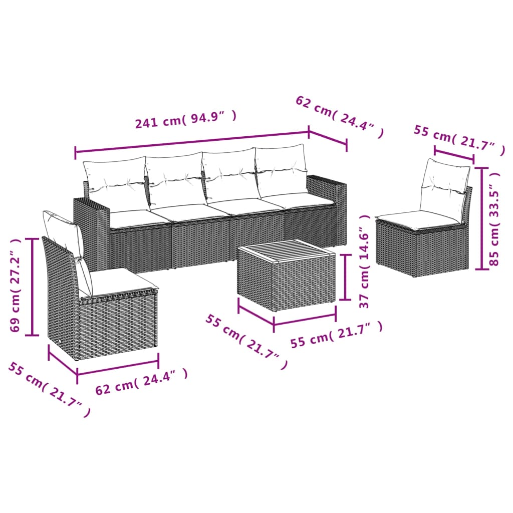 vidaXL 7-tlg. Garten-Sofagarnitur mit Kissen Beige Poly Rattan