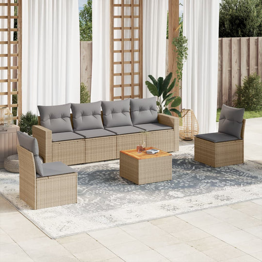 vidaXL 7-tlg. Garten-Sofagarnitur mit Kissen Beige Poly Rattan