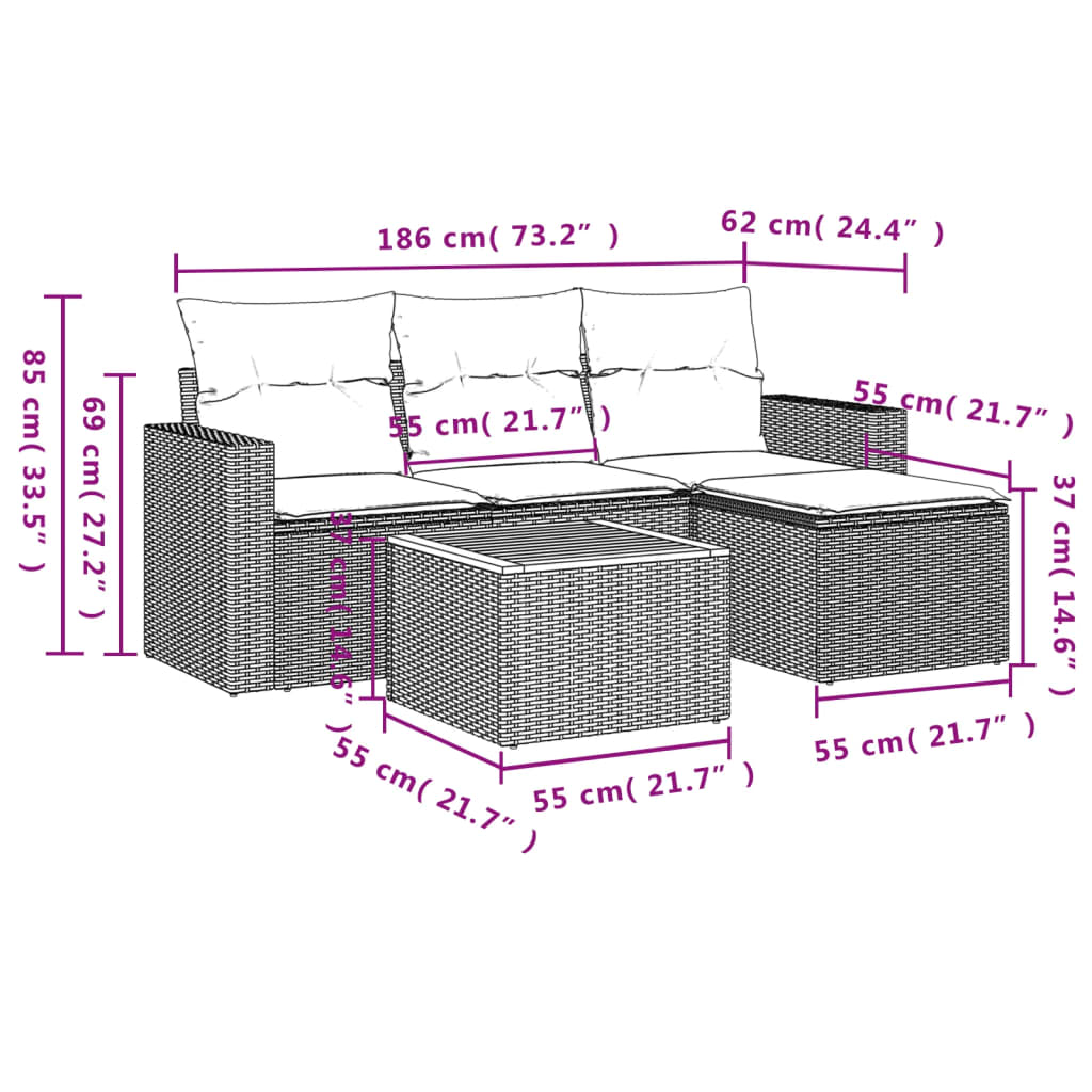 vidaXL 5-tlg. Garten-Sofagarnitur mit Kissen Beige Poly Rattan