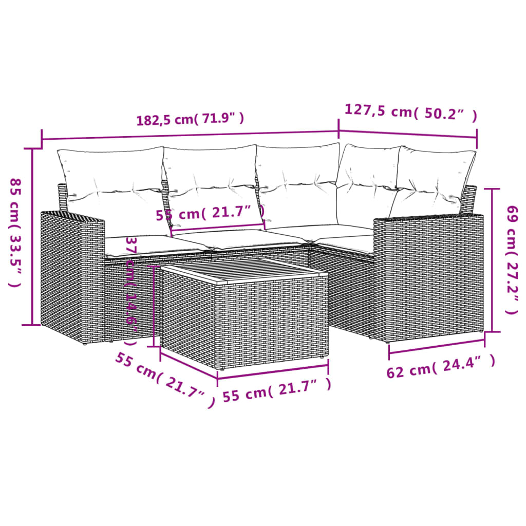 vidaXL 5-tlg. Garten-Sofagarnitur mit Kissen Beige Poly Rattan