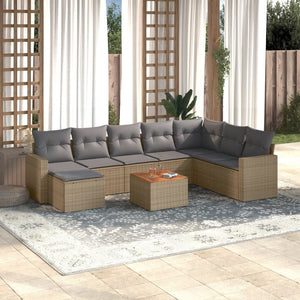 vidaXL 9-tlg. Garten-Sofagarnitur mit Kissen Beige Poly Rattan