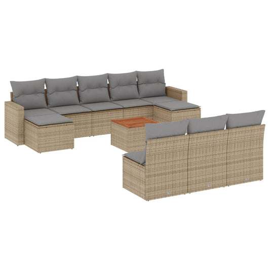 vidaXL 11-tlg. Garten-Sofagarnitur mit Kissen Beige Poly Rattan