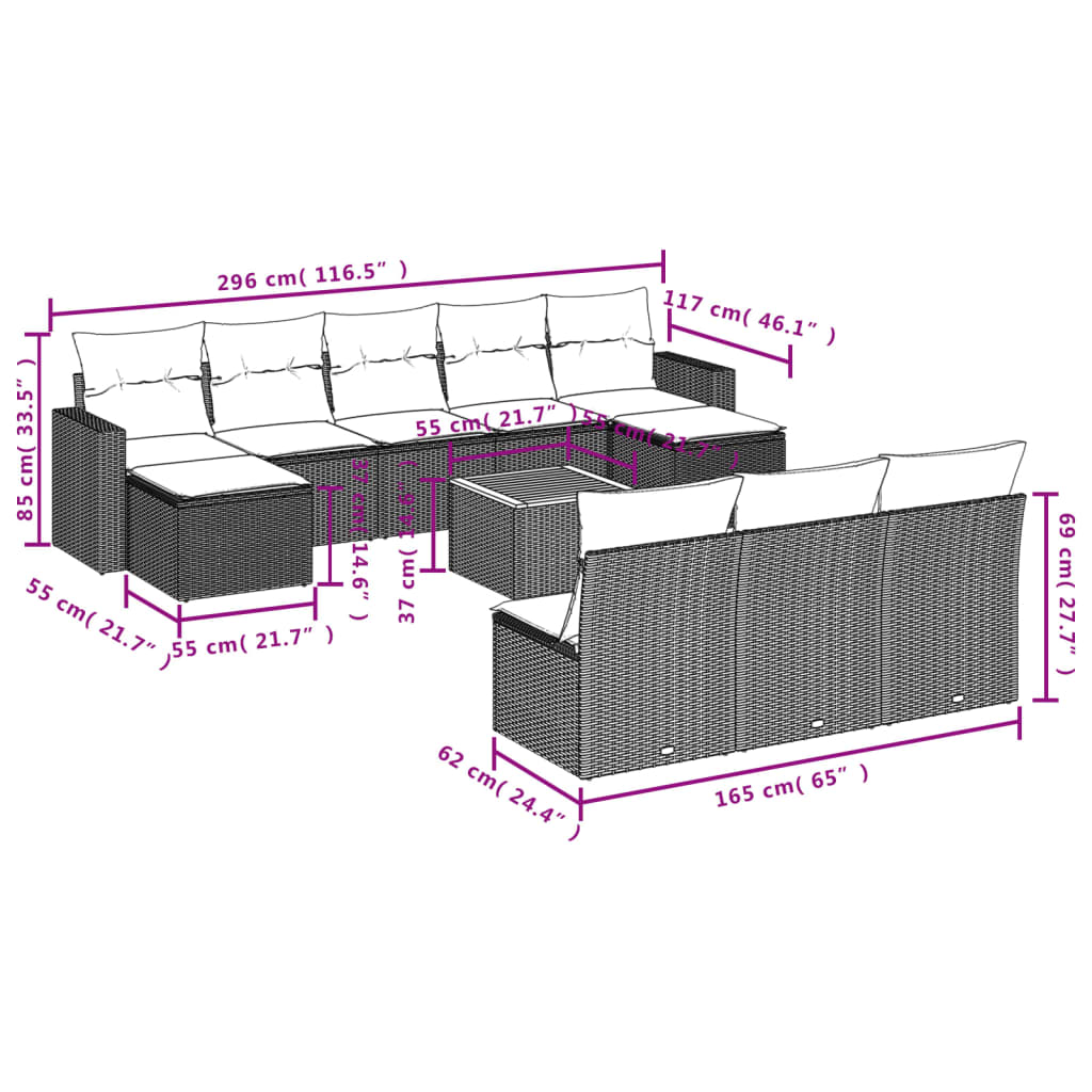 vidaXL 11-tlg. Garten-Sofagarnitur mit Kissen Beige Poly Rattan