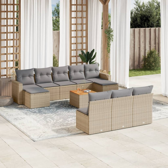 vidaXL 11-tlg. Garten-Sofagarnitur mit Kissen Beige Poly Rattan