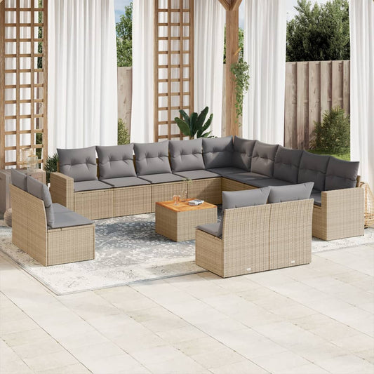 vidaXL 14-tlg. Garten-Sofagarnitur mit Kissen Beige Poly Rattan