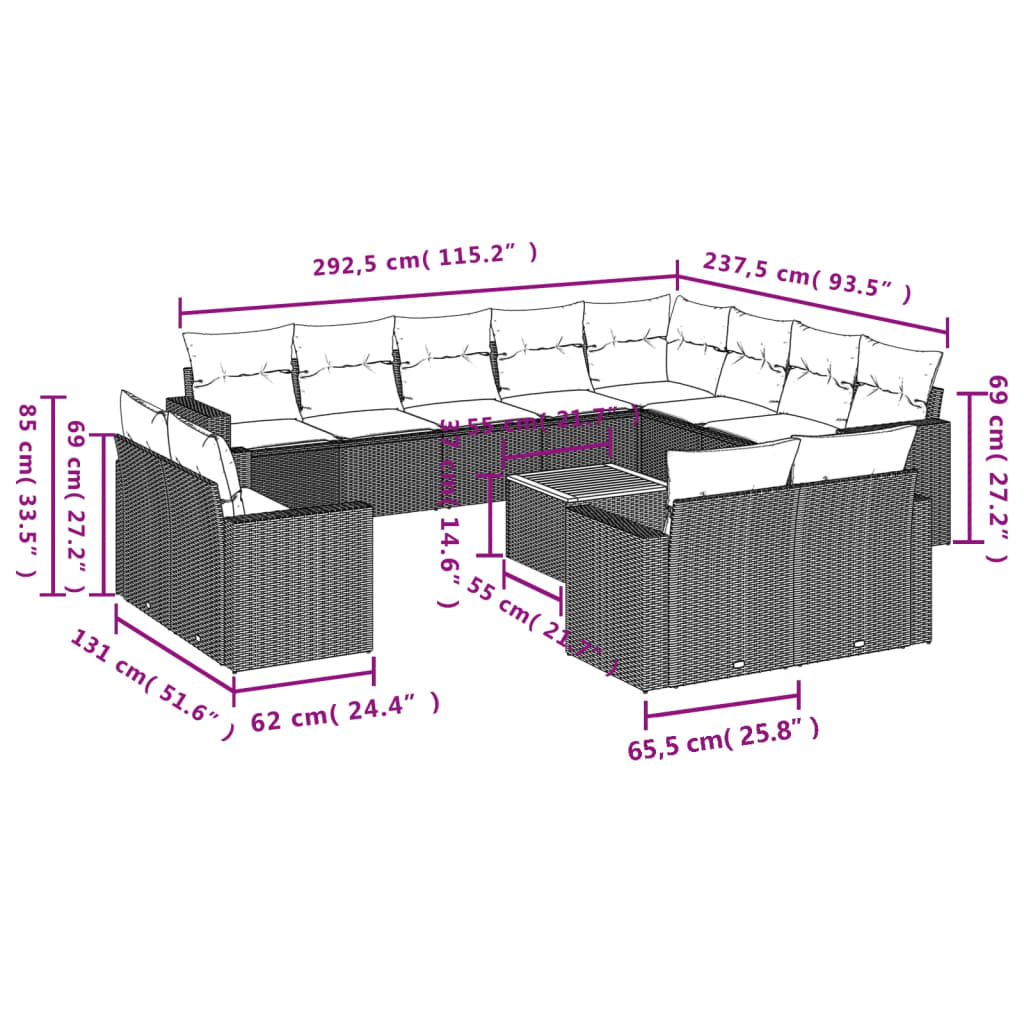 vidaXL 13-tlg. Garten-Sofagarnitur mit Kissen Grau Poly Rattan