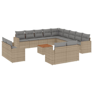 vidaXL 14-tlg. Garten-Sofagarnitur mit Kissen Beige Poly Rattan