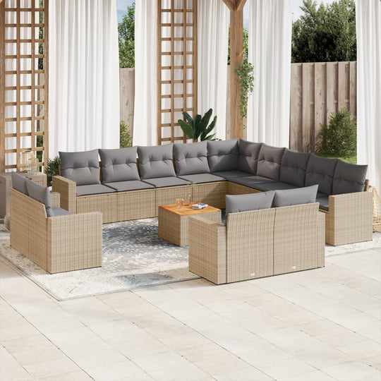 vidaXL 14-tlg. Garten-Sofagarnitur mit Kissen Beige Poly Rattan