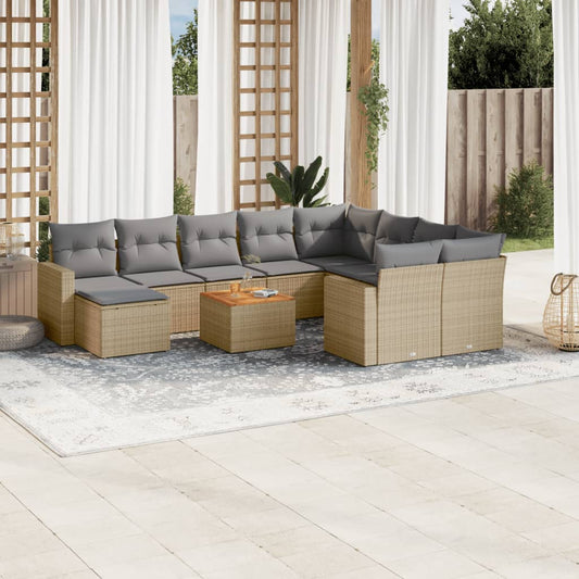 vidaXL 11-tlg. Garten-Sofagarnitur mit Kissen Beige Poly Rattan