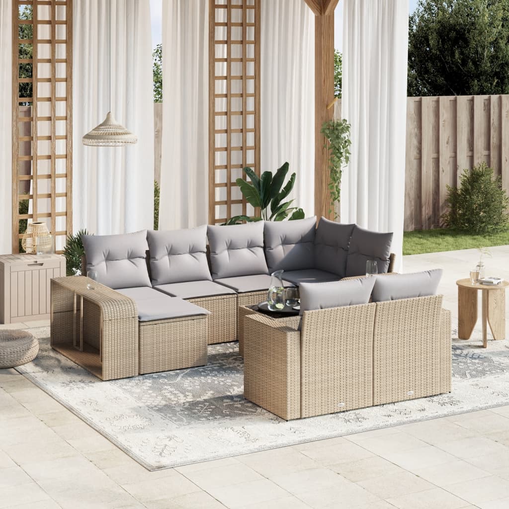 vidaXL 11-tlg. Garten-Sofagarnitur mit Kissen Beige Poly Rattan