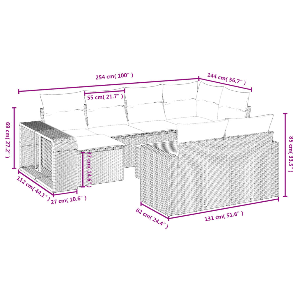 vidaXL 11-tlg. Garten-Sofagarnitur mit Kissen Schwarz Poly Rattan