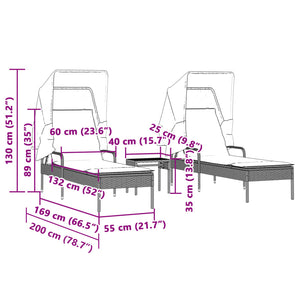 Sonnenliegen 2 Stk. mit Dach und Tisch Braun Poly Rattan