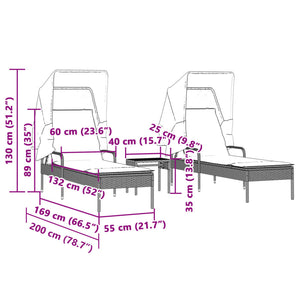 Sonnenliegen 2 Stk. mit Dach und Tisch Grau Poly Rattan