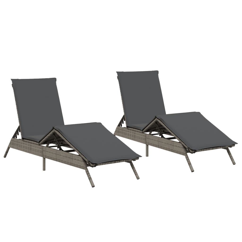 Sonnenliegen mit Auflagen 2 Stk. Grau Poly Rattan