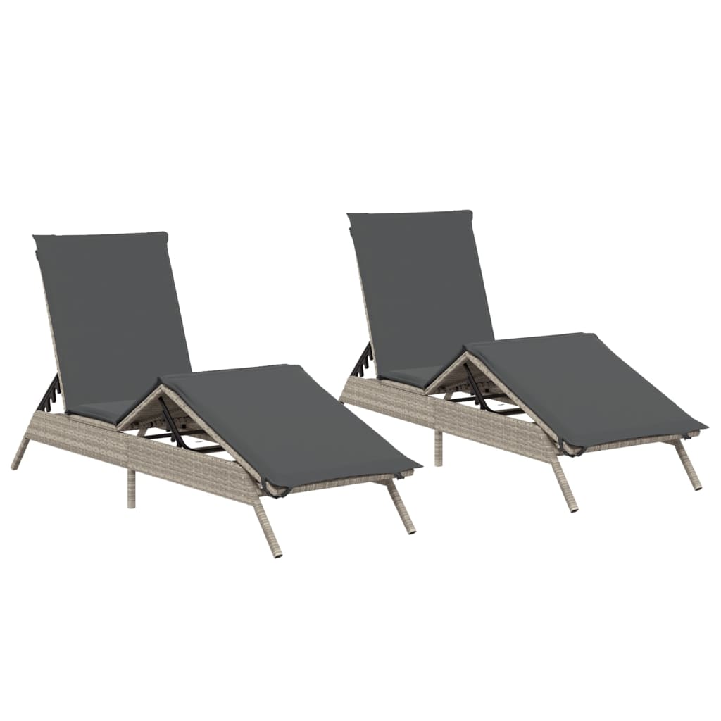 vidaXL Sonnenliegen mit Auflagen 2 Stk. Hellgrau Poly Rattan