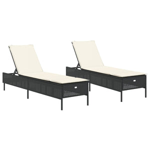 Sonnenliegen mit Auflagen 2 Stk. Schwarz Poly Rattan