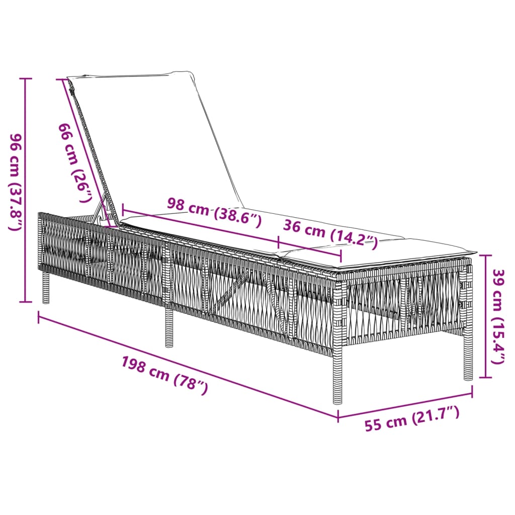 vidaXL Sonnenliegen mit Auflagen 2 Stk. Braun Poly Rattan