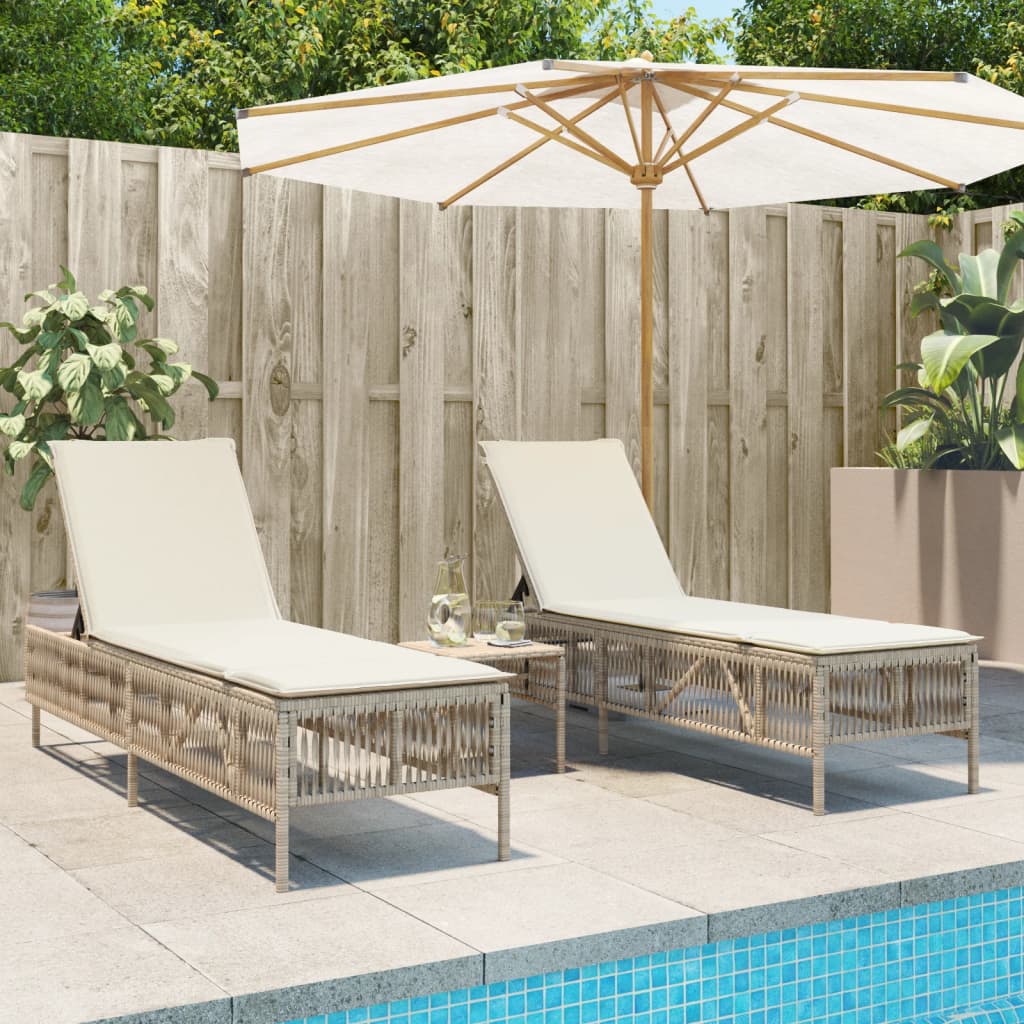 Sonnenliegen mit Auflagen 2 Stk. Beige Poly Rattan