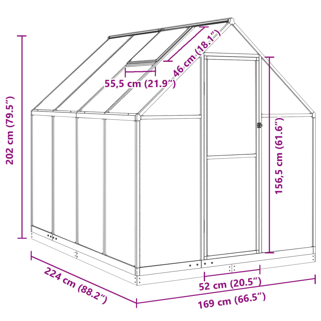 vidaXL Gewächshaus mit Fundamentrahmen Anthrazit 224x169x202 cm Alu