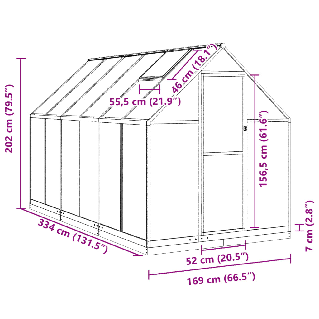 vidaXL Gewächshaus mit Fundamentrahmen Anthrazit 334x169x202 cm Alu