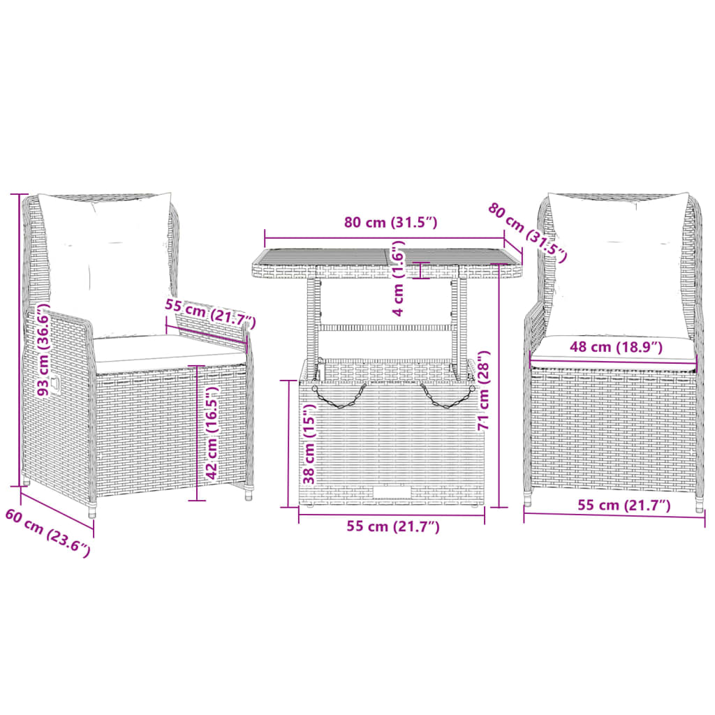 vidaXL 3-tlg. Bistro-Set mit Kissen Beige Poly Rattan