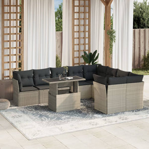 vidaXL 10-tlg. Garten-Sofagarnitur mit Kissen Hellgrau Poly Rattan