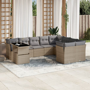 vidaXL 10-tlg. Garten-Sofagarnitur mit Kissen Beige Poly Rattan