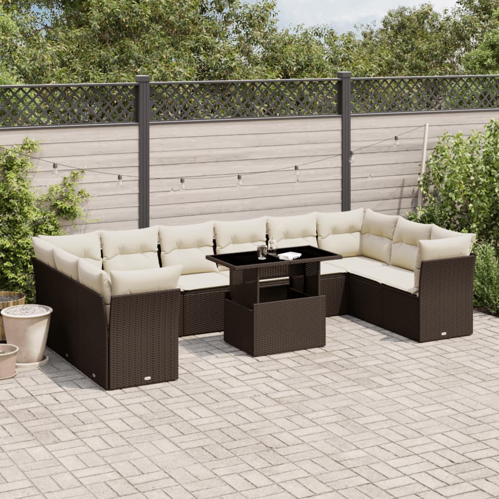 vidaXL 11-tlg. Garten-Sofagarnitur mit Kissen Braun Poly Rattan