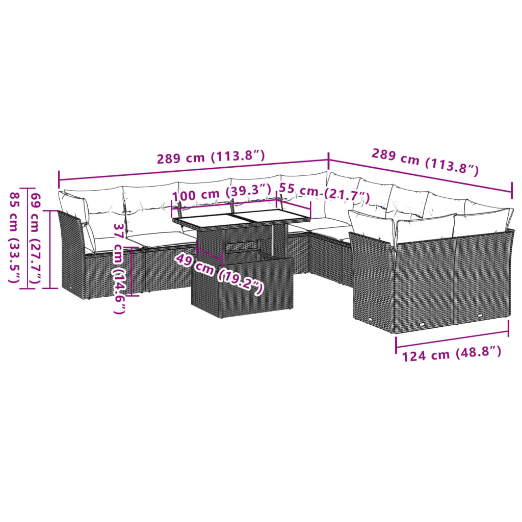 vidaXL 11-tlg. Garten-Sofagarnitur mit Kissen Grau Poly Rattan