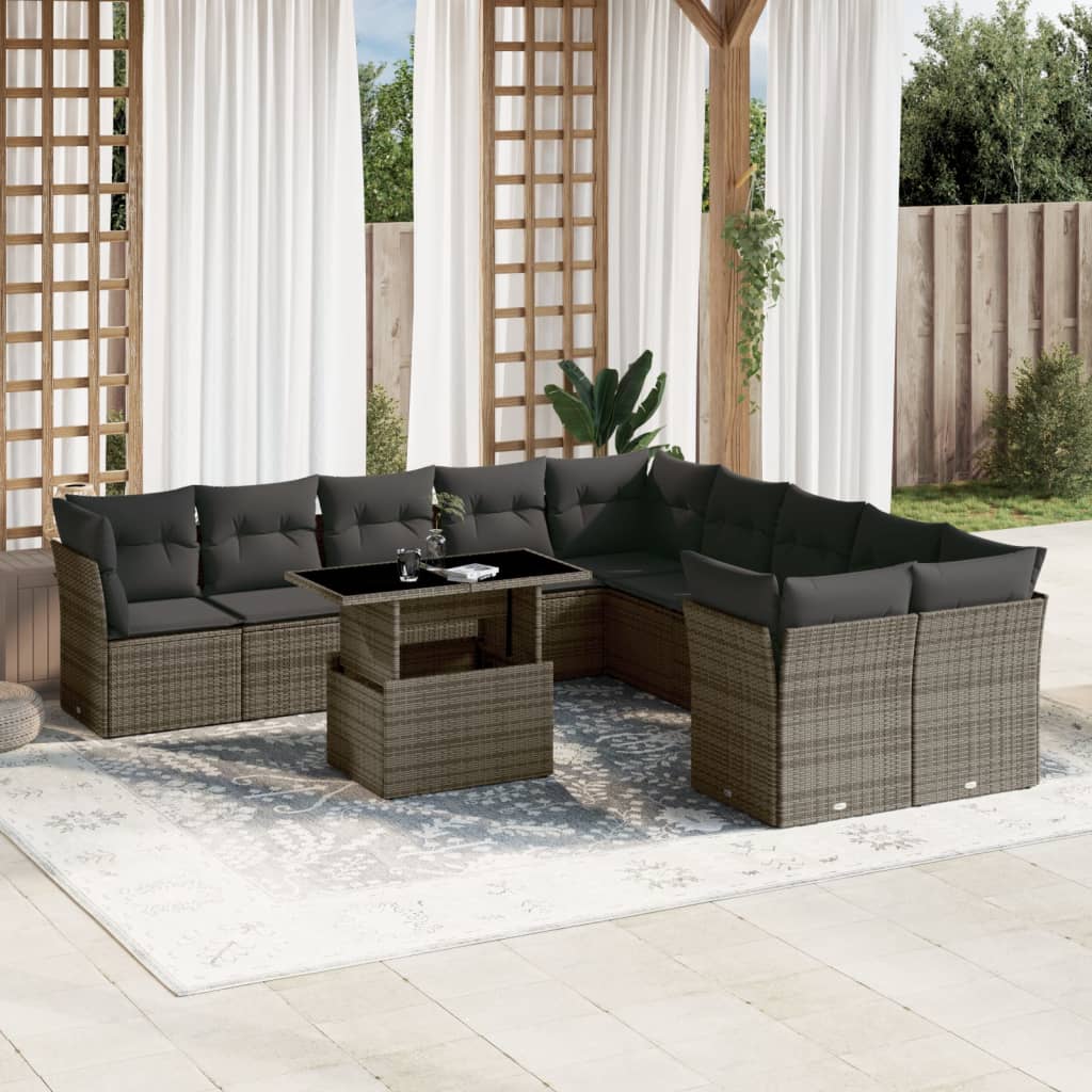 vidaXL 11-tlg. Garten-Sofagarnitur mit Kissen Grau Poly Rattan