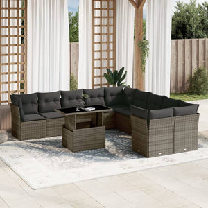 vidaXL 11-tlg. Garten-Sofagarnitur mit Kissen Grau Poly Rattan