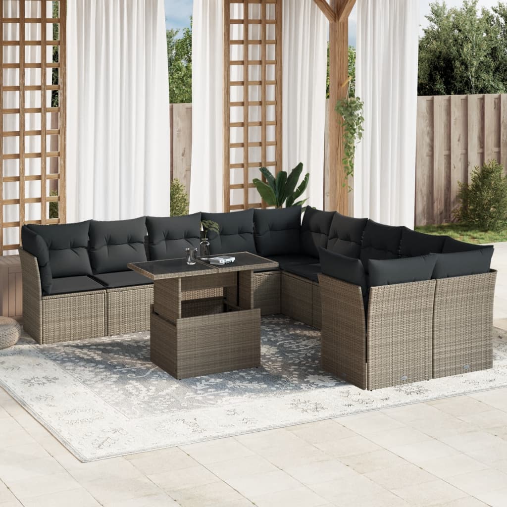 vidaXL 11-tlg. Garten-Sofagarnitur mit Kissen Hellgrau Poly Rattan