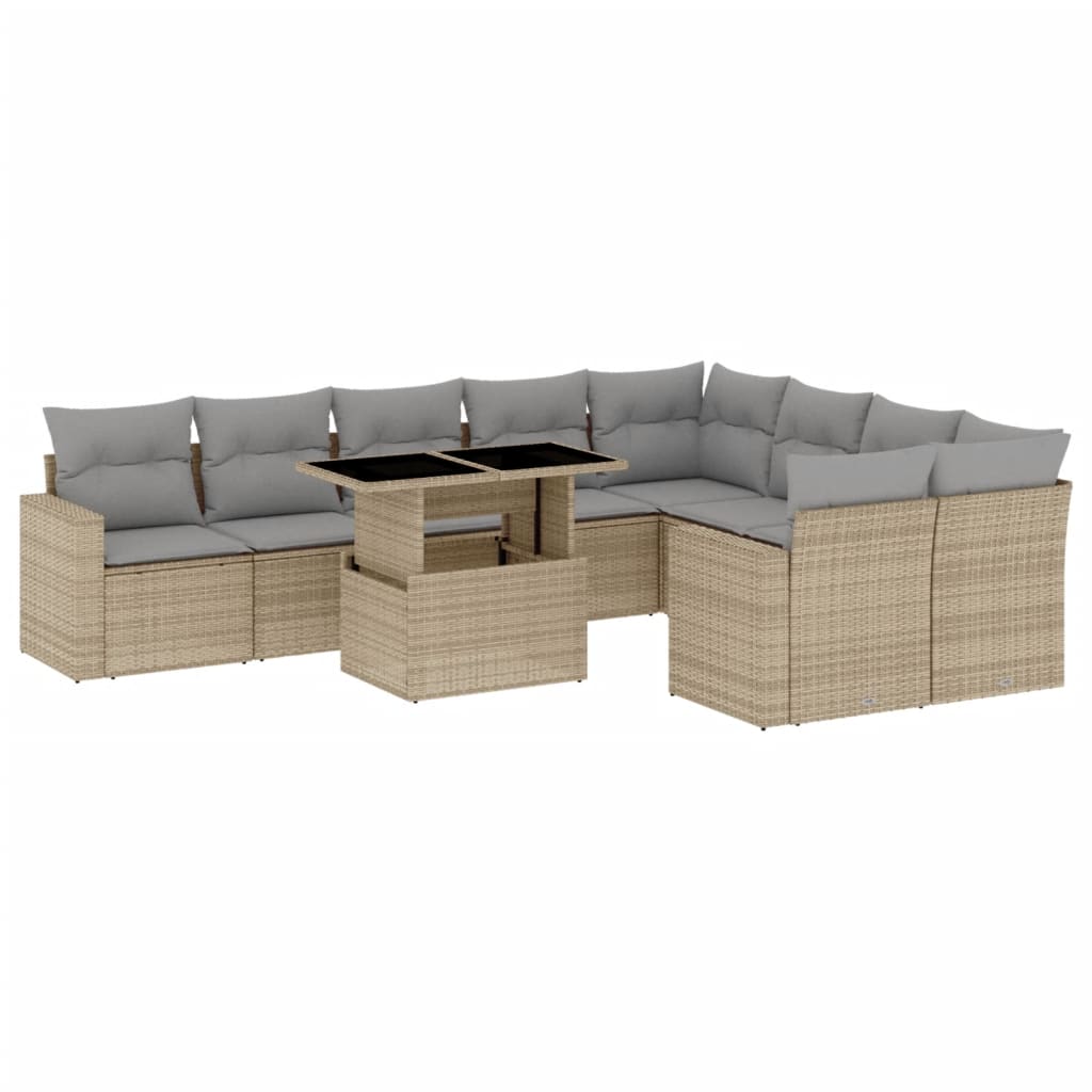 vidaXL 10-tlg. Garten-Sofagarnitur mit Kissen Beige Poly Rattan