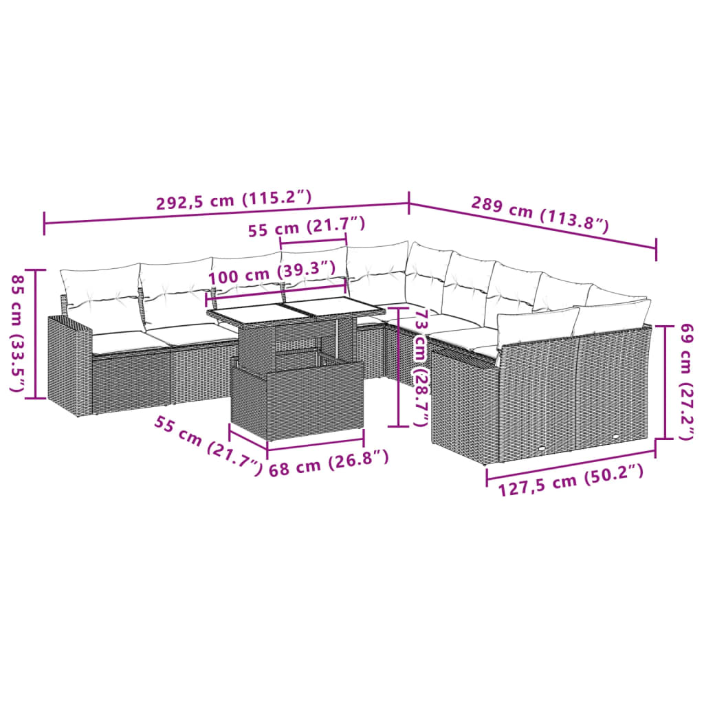 vidaXL 11-tlg. Garten-Sofagarnitur mit Kissen Braun Poly Rattan