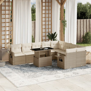 vidaXL 10-tlg. Garten-Sofagarnitur mit Kissen Beige Poly Rattan